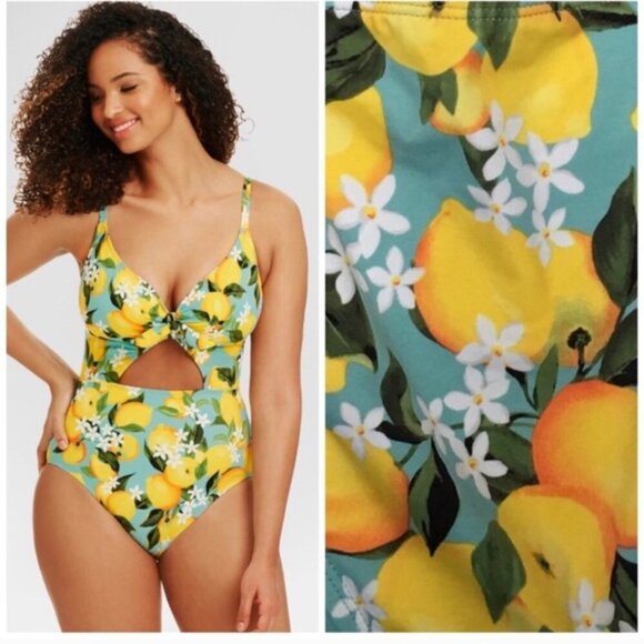 Beach Betty Lemon Print Tie Front Swimsuit Small - Picture 1 of 9